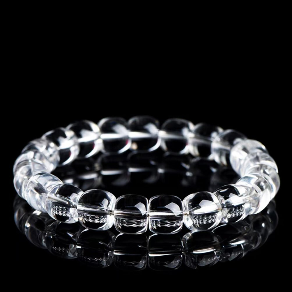 Close-up of Natural White Crystal Bead Bracelet, showcasing its clear, transparent beads with a delicate natural shine.